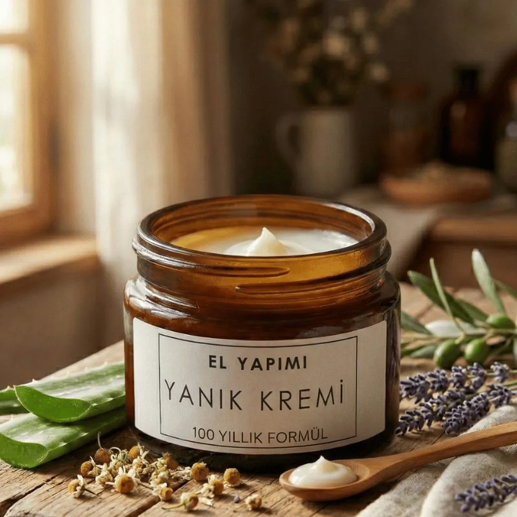 Amber kavanozda krem, lavanta ve zeytin dalı